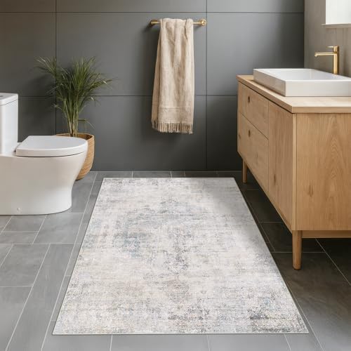Washable Light Blue Rugs for Entryway Indoor - 3x5 Throw Rug for Large Kitchen, Bedroom Bedside, Bathroom, Mudroom, Modern Abstract Medallion Aqua Décor, Non Slip Low Pile, Distressed Design