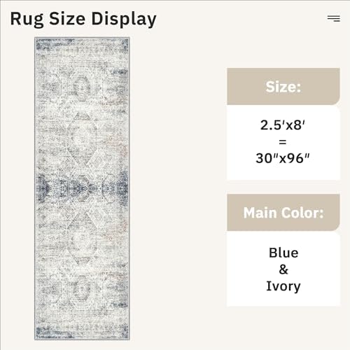 Soalmost Washable Runner Rug 2'6"x8' Kitchen Hallway Runners Blue/Ivory