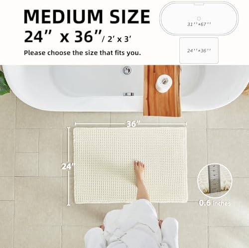 TYUU Cream White Waffle Bath Mat, Boho Bathroom Rugs Non Slip, 36x24
