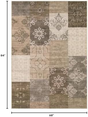 UERMEI 5x7 Area Rug for Living Room, Washable Brown Modern Geometric Patchwork Non Slip Stain Resistant Low Pile Foldable Carpet for Bedroom Dining Farmhouse Home Office