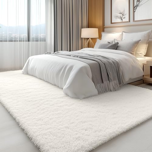 OLANLY 7x7 Machine Washable Large Area Rugs for Living Room, Bedroom, Soft Fluffy Shaggy Bedside Rug, Indoor Floor Carpet for Kids Girls and Boys, Dorms, Nursery, Home Decor Aesthetic, Ivory