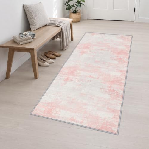 3x8 Washable Runner Rug：Modern Abstract Soft Carpet Pink White