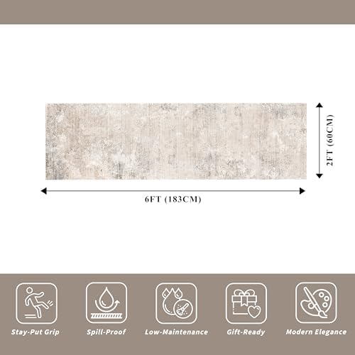 2x6ft Non-Slip Washable Kitchen Rug - Modern Carpet Runner for Hallway,Bedroom Bedside,Laundry Room,Entryway with Rubber Backing – Abstract Neutral Low-Pile Thin (Beige Grey,2x6)