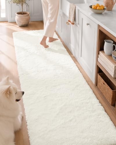OLANLY 2x8 Machine Washable Runner Rugs for Hallway, Soft Fluffy Shaggy Bedside Rugs for Bedroom, Living Room, Indoor Floor Carpet for Kids Girls and Boys, Nursery Rooms, Home Decor Aesthetic, Ivory