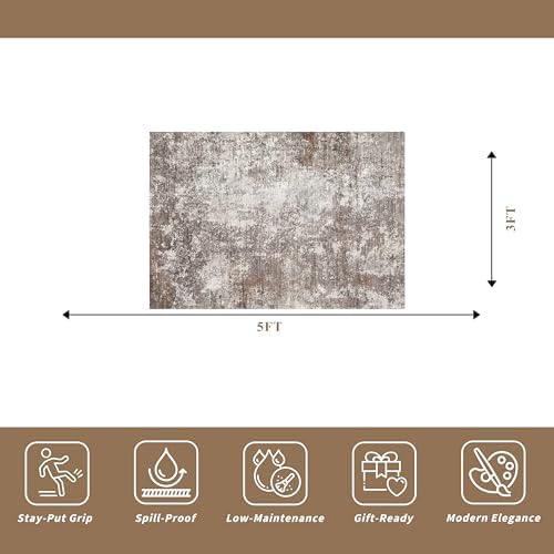 3x5 Washable Entryway Rug – Non-Slip Rubber Backed Small Area Rug for Kitchen, Bedroom, Living Room, Office – Soft Low-Pile Thin Modern Abstract Neutral Throw Rug (Brown Beige, 3x5)