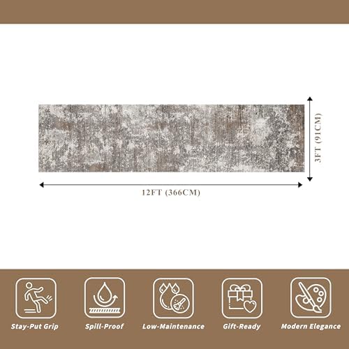 3x12 ft Long Hallway Runner Rug – Non-Slip Washable Carpet Runners for Kitchen Entryway Bathroom Modern Abstract Neutral Low-Pile Thin (Brown Beige,3x12)