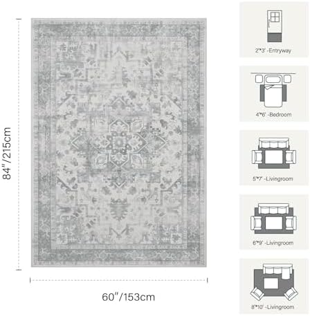 Rugxara 5X7 Washable Area Rug for Living Room, Light Grey
