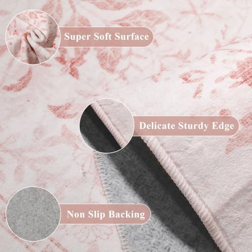 DUKINO 9x12 Area Rug for Living Room, Vintage Floral Washable Rugs, Pink