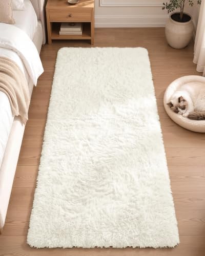 OLANLY 2x5 Machine Washable Runner Rugs for Hallway, Soft Fluffy Shaggy Bedside Rugs for Bedroom, Living Room, Indoor Floor Carpet for Kids Girls and Boys, Nursery Rooms, Home Decor Aesthetic, Ivory