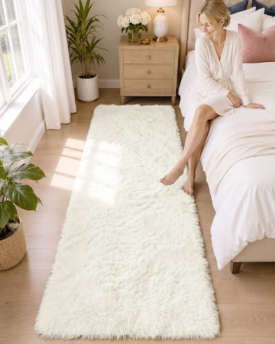 OLANLY 2x5 Machine Washable Runner Rugs for Hallway, Soft Fluffy Shaggy Bedside Rugs for Bedroom, Living Room, Indoor Floor Carpet for Kids Girls and Boys, Nursery Rooms, Home Decor Aesthetic, White