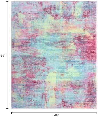 IOHOUZE Abstract Area Rug 4x5 Ft Washable Rugs for Entryway Indoor, Non Slip Small Living Room Rugs Printed Faux Wool Throw Rug, Floor Carpet for Kitchen Nursery Playroom, Pink Teal