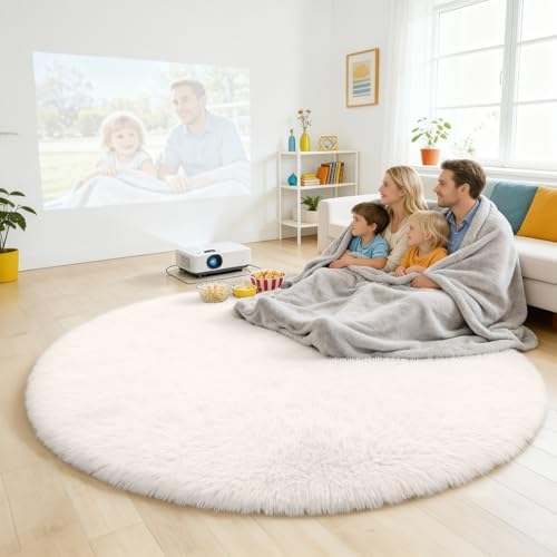 OLANLY Ivory Round Rugs for Bedroom - Machine Washable, 7 ft Circle Area Rugs for Living Room, Soft and Fluffy Shaggy Carpet for Teen Girls and Boys, Nursery Rooms, Dorms, Home Decor Aesthetic