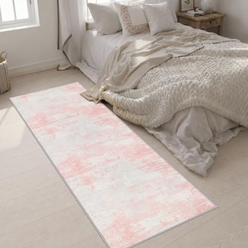 3x8 Washable Runner Rug：Modern Abstract Soft Carpet Pink White