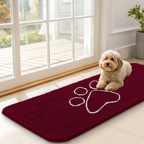 OLANLY Dog Door Mat for Muddy Paws 70x35, Paw Print Design Chenille Mud Mat