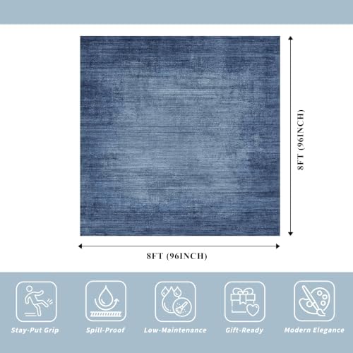 8x8 ft Square Living Room Rug - Washable Modern Neutral Abstract Area Rug for Bedroom, Dining Room, Kitchen Non-Slip Soft Low-Pile Indoor Floor Carpet (Navy Blue, 8x8)