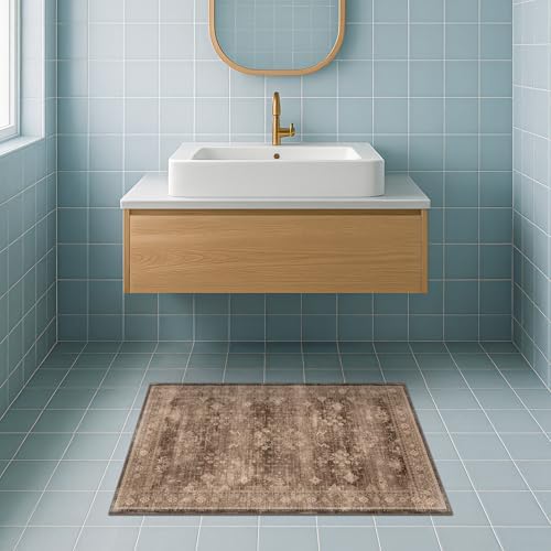 Boho Taupe Brown 2x3 Entryway Rug - Modern Vintage Traditional Eclectic Oriental Neutral, Washable Low Pile Non-Slip Small Throw Area Rugs for Door Mat Indoor Entrance, Kitchen, Bathroom