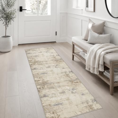 2x6 Washable Runner Rug：Modern Abstract Soft Carpet Beige Brown