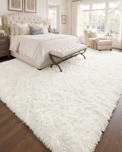 OLANLY 9x12 Machine Washable Large Area Rugs for Living Room, Bedroom, Soft Fluffy Shaggy Bedside Rug, Indoor Floor Carpet for Kids Girls and Boys, Dorms, Nursery, Home Decor Aesthetic, Ivory
