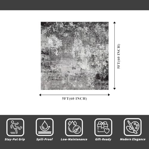 5x5 Rug Square for Living Room – Machine Washable Non-Slip Area Rug for Kitchen Entryway Bathroom – Modern Neutral Abstract Soft 5ft Indoor Carpet (Black Grey, 5x5)