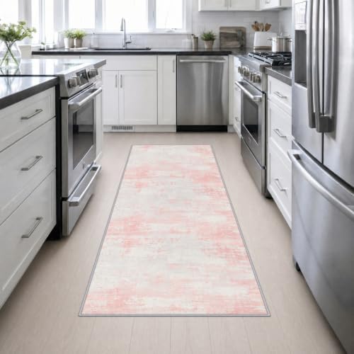 3x8 Washable Runner Rug：Modern Abstract Soft Carpet Pink White