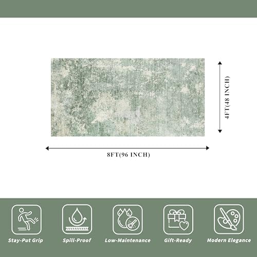 4x8 Washable Indoor Entryway Rug Non-Slip Rubber Backed Floor Mat for Kitchen, Hallway, Bedroom Modern Abstract Low-Pile Thin Wide Carpet Runner for Bathroom, Living Room, Office (Sage Green, 4x8)