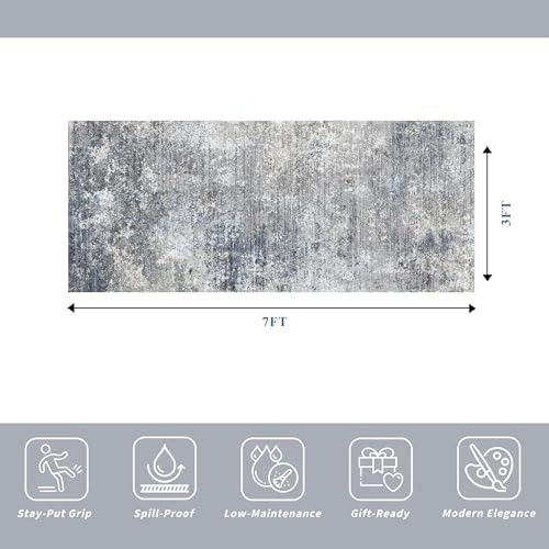 3x7 Kitchen Runner Rug – Washable Non-Slip Modern Abstract Neutral Carpet for Hallway, Entryway, Bedroom, Bathroom – Low-Pile Thin Stain-Resistant Wide Floor Runner (Blue Grey,3x7)