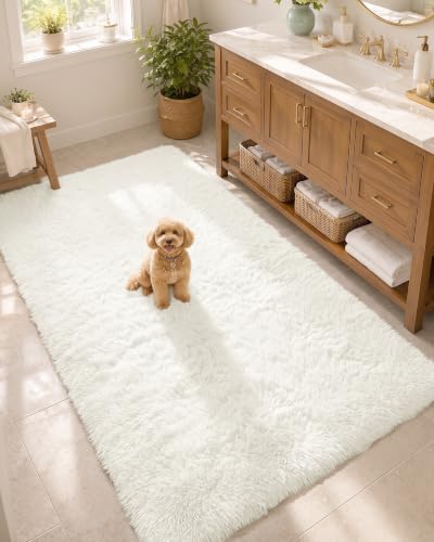 OLANLY 3x6 Machine Washable Runner Rugs for Hallway, Soft Fluffy Shaggy Bedside Rugs for Bedroom, Living Room, Indoor Floor Carpet for Kids Girls and Boys, Nursery Rooms, Home Decor Aesthetic, Ivory
