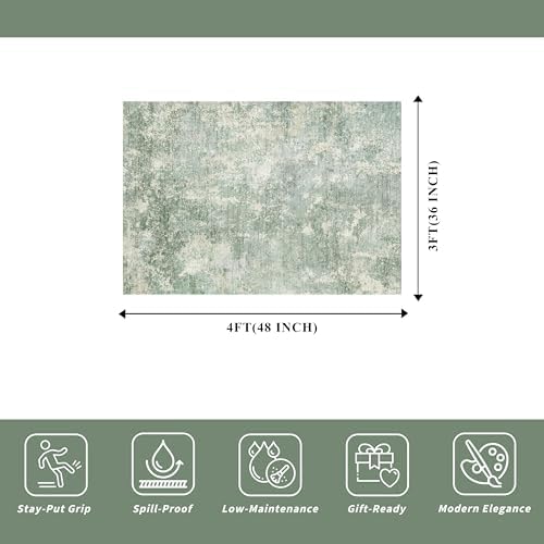 3x4 Washable Entryway Area Rug – Non-Slip Modern Abstract Small Area Rug for Kitchen, Bedroom, Bathroom – Soft Low-Pile Thin Indoor Door Mat (Sage Green,3x4)