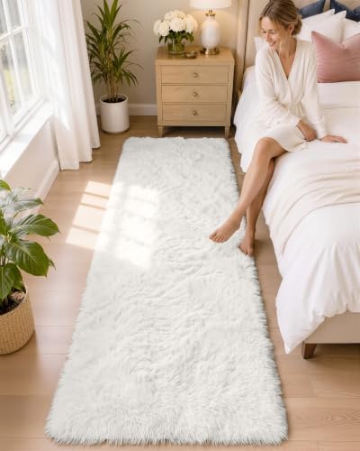 OLANLY 2x6 Machine Washable Runner Rugs for Hallway, Soft Fluffy Shaggy Bedside Rugs for Bedroom, Living Room, Indoor Floor Carpet for Kids Girls and Boys, Nursery Rooms, Home Decor Aesthetic, White