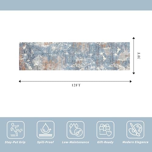3x12 ft Long Hallway Runner Rug Non-Slip Washable Carpet Runner for Kitchen Entryway Bathroom Modern Abstract Neutral Low-Pile Thin Stain-Resistant Blue Rust
