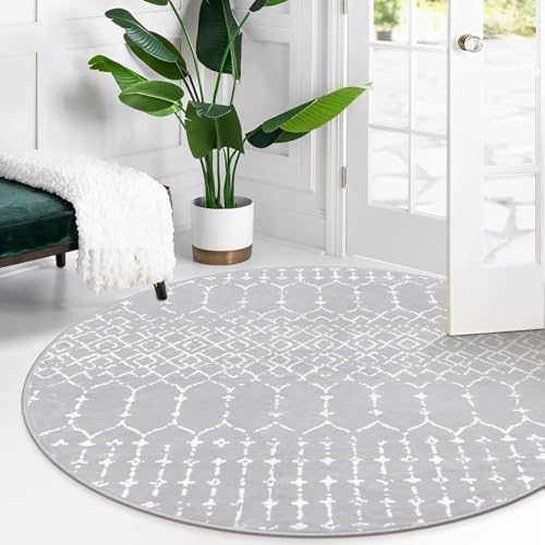 Lahome Moroccan Washable Round Rug 4Ft Round Area Rugs for Bedroom Non-Slip Grey Stain Resistant Round Kitchen Rug, Modern Geometric Print Indoor Floor Circle Carpet for Entryway Living Room Sofa Hana