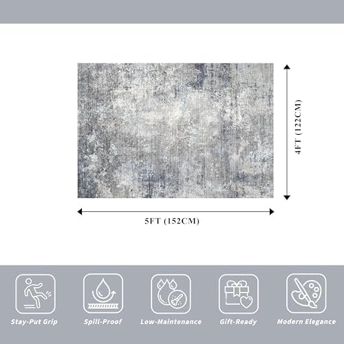 4x5 Washable Entryway Rug – Non-Slip Modern Abstract Indoor Area Rug for Bathroom Kitchen Living Room Bedroom – Low Pile Thin Soft Small Throw Carpet (Blue Grey,4x5)