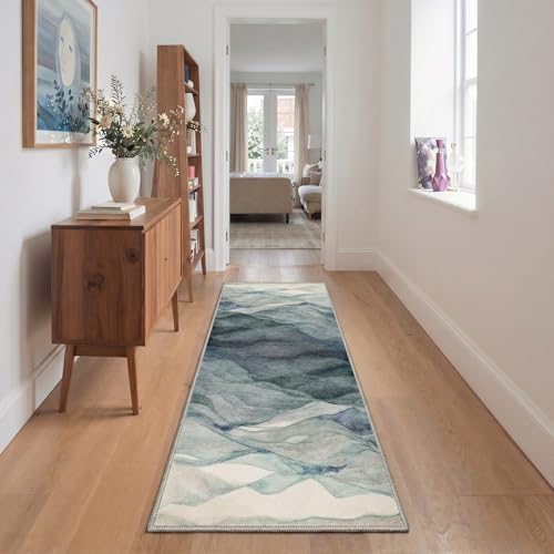 BEIMO Runner Rug for Hallway Kitchen, 2x5 Machine Washable Runners Rug for Entryway, Soft Modern Abstract Throw Rugs, Low Pile Floor Cover with Non Slip Backing, Light Teal