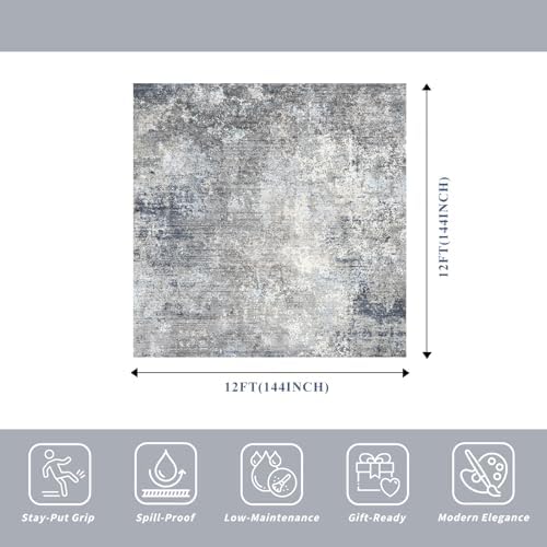 12x12 Square Area Rug for Living Room, Washable Modern Rug, Blue Grey