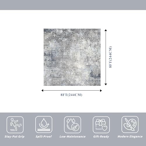 8x8 ft Square Living Room Rug - Washable Modern Neutral Abstract Area Rug for Bedroom, Dining Room, Kitchen Non-Slip Soft Low-Pile Indoor Floor Carpet (Blue Grey, 8x8)