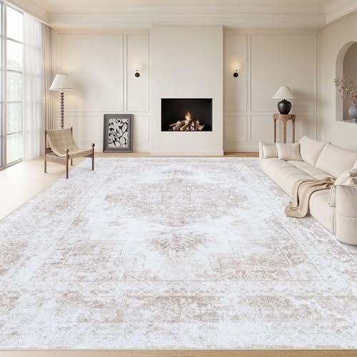 XLUEZ Area Rug 9x12 Living Room Rug, Machine Washable Vintage Distressed Medallion Rug Non-Slip Soft Low Pile Large Indoor Rugs for Bedroom Kitchen Dining Room Office(Beige,9'x12')