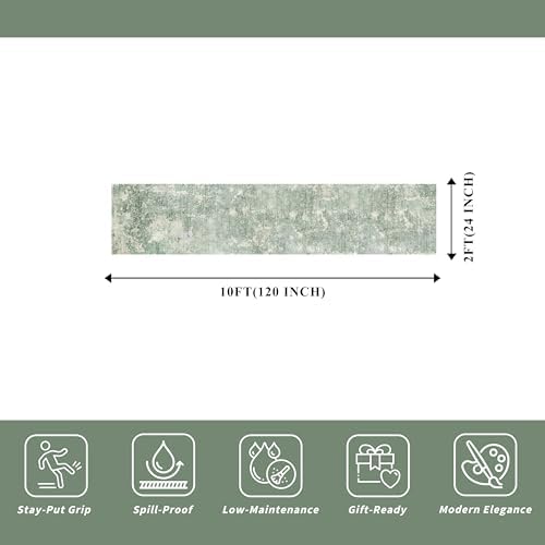 2x10 ft Washable Hallway Runner Rug – Non-Slip Long Carpet Runners for Kitchen Entryway Bedroom Living Room Bathroom,Stain-Resistant Low-Pile Modern Abstract Neutral (Sage Green,2x10)