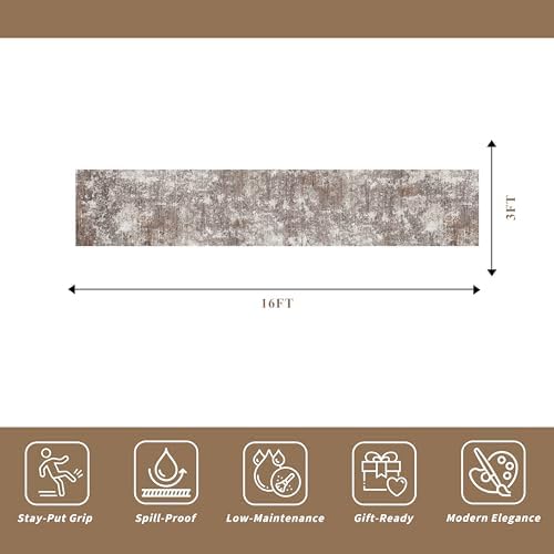 3x16 ft Non-Slip Hallway Runner Rug Washable Rubber Backed Large Carpet Runner for Hall, Kitchen Floor, Entryway, Bedroom, Living Room Abstract Modern Neutral Low-Pile Thin Brown Beige