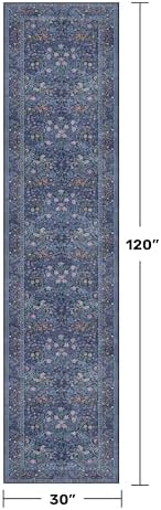 Dark Blue 2'6" x 10' Long Runner Rugs for Hallway, Oriental Floral Washable Non Slip Rug for Kitchen, Entryway Stain Resistant - Vintage Navy Blue Geometric Floral Décor