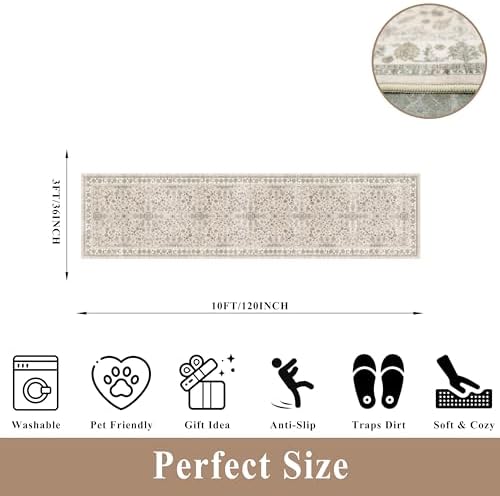 3x12 ft Long Kitchen Runner Rug - Non-Slip Washable Hallway Rug with Rubber Backing,Boho Floral Soft Low Pile Floor Carpet Runner for Entryway,Bedroom,Living Room（Beige,3x12）
