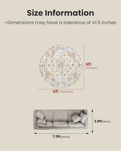 Amada Round 6x6 Washable Area Rug for Living Room, Beige, Vintage Style