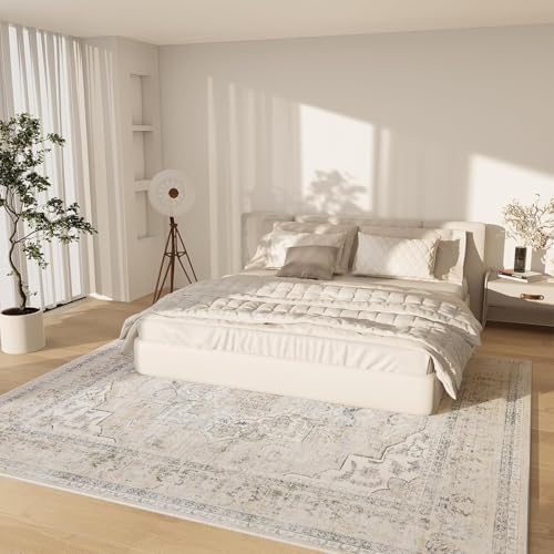 10x14 Area Rugs for Living Room: Large Washable Rug Lightweight Non Slip Low Pile Soft Faux Wool Non Shedding Distressed Vintage Floral Carpet for Bedroom Dining Room Kids Playroom Nursery Farmhouse