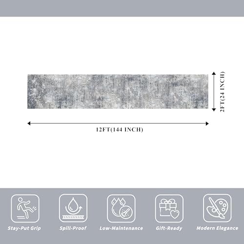 2x12 ft Washable Hallway Runner Rug – Non-Slip Stain-Resistant Low-Pile Long Carpet Runner for Kitchen Entryway Living Room Bedroom Bathroom, Modern Abstract Neutral (Blue Gray,2x12)