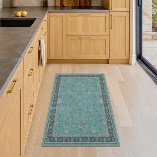 2x3 Washable Teal Rug for Entryway Indoor, Kitchen Floor Waterproof, Bathroom, Powder Room, Non Slip Low Pile Stain & Fade Resistant, Modern Turquoise Aqua Décor