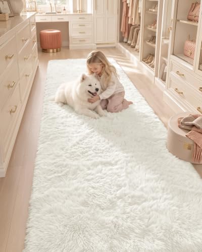 OLANLY 2x9 Machine Washable Runner Rugs for Hallway, Soft Fluffy Shaggy Bedside Rugs for Bedroom, Living Room, Indoor Floor Carpet for Kids Girls and Boys, Nursery Rooms, Home Decor Aesthetic, Ivory