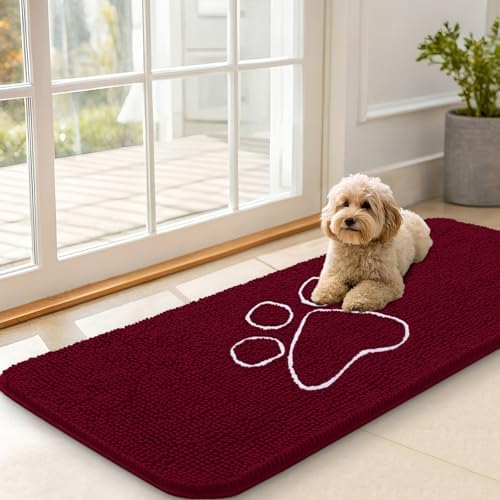 OLANLY Dog Door Mat for Muddy Paws 70x35, Paw Print Design Chenille Mud Mat