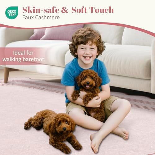 Washable 5ft Area Rugs for Living Room, Solid Pink Non Slip Rugs for Bedroom Girls, Stain Resistant Scalloped Soft Carpet for Nursery Dorm Dining Room