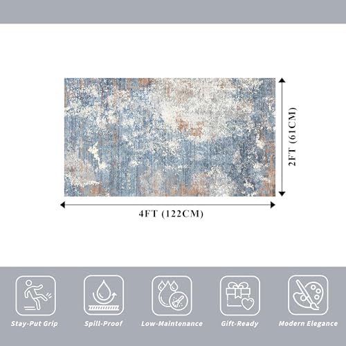 2x4 Runner Rug Washable Non-Slip – Small Throw Rug for Kitchen Floor, Bedroom, Entryway, Bathroom, Bedside – Modern Abstract Neutral Low-Pile Thin Indoor Door Mat（Blue Rust,2x4）