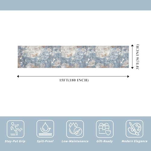 3x15 Ft Long Hallway Runner Rug – Non-Slip Washable Kitchen Floor Rug with Rubber Backing, Modern Low Pile Thin Wide Carpet Runners for Bedroom, Entryway Indoor (Blue Rust,3x15)