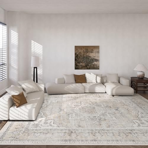 10x12 Area Rugs for Living Room: Large Washable Rug Non Slip Low Pile Soft Faux Wool Non Shedding Distressed Lightweight Vintage Floral Carpet for Bedroom Dining Room Kids Playroom Nursery Farmhouse